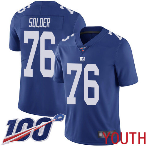 Youth New York Giants 76 Nate Solder Royal Blue Team Color Vapor Untouchable Limited Player 100th Season Football NFL Jersey